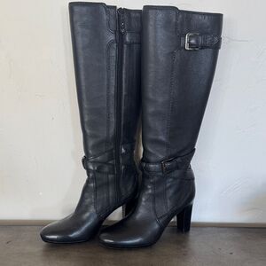 Cole Haan Nike Air Black Leather Knee-Hi Block Heeled Boots Sleek Women’s Sz 5.5